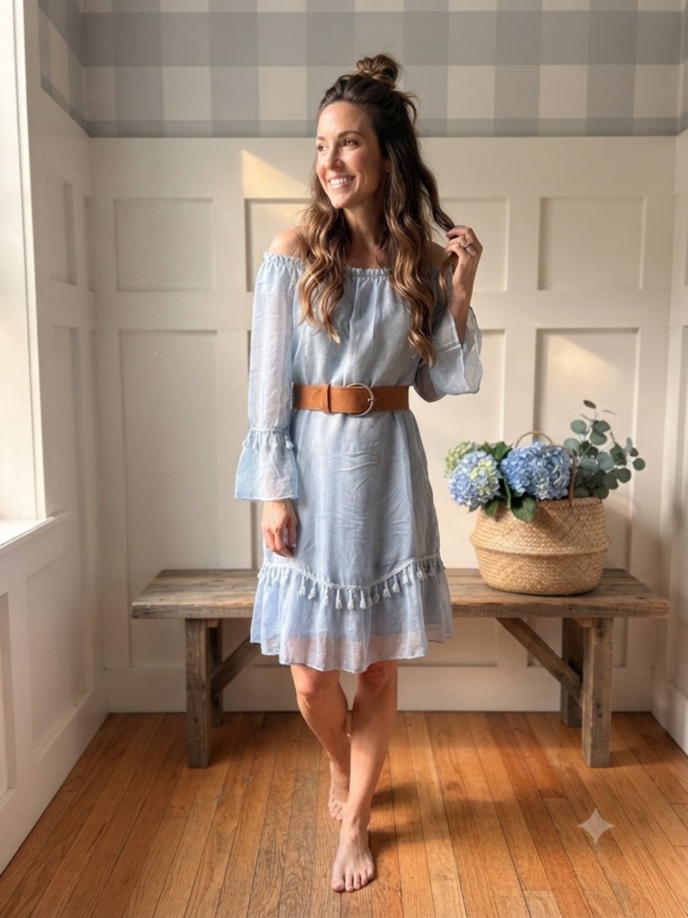 Italian Silk Off-Shoulder Light Blue Midi Dress with Tassel Hem XS